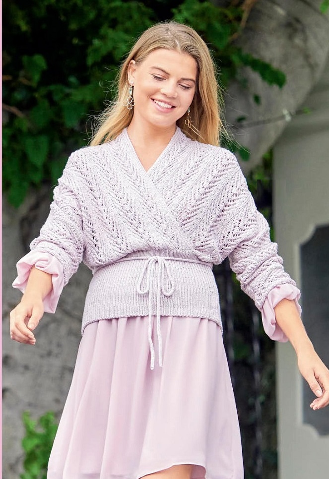 A summer cotton pullover with a wrap effect is knitted with openwork stripes located diagonally to each other, the sleeves are knitted together with the front and back.