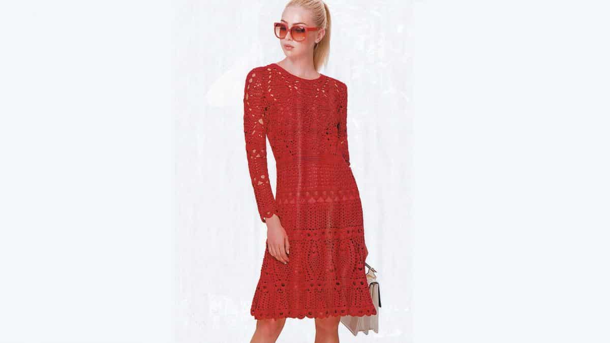 Red Cardinal. Crochet dress from Oscar de la Renta