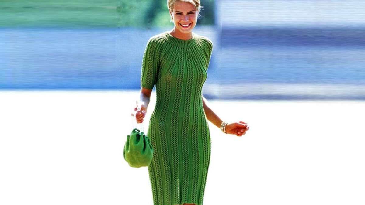 Dress with vertical openwork stripes