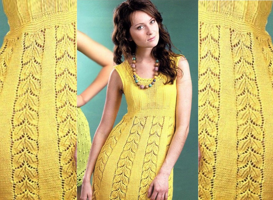 Желтое платье листочками вязаное спицами