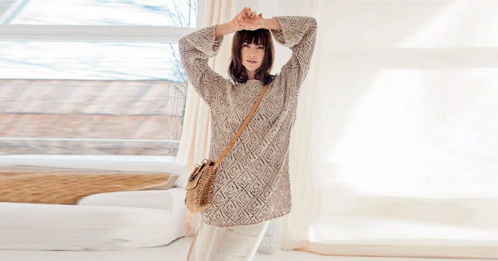Long pullover with openwork diamond pattern