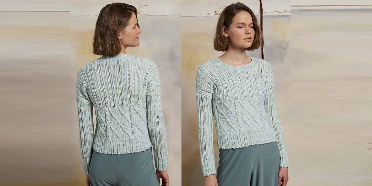 Летний пуловер мятного цвета с сочетанием узоров