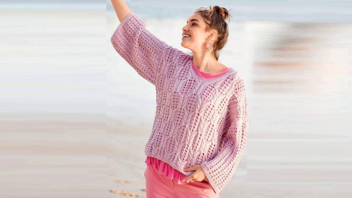 Ажурный розовый пуловер c v -образной горловиной
