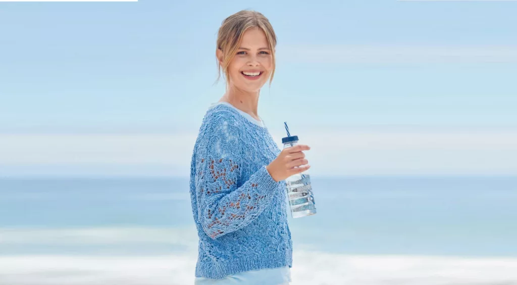 Blue wide pullover with openwork pattern
