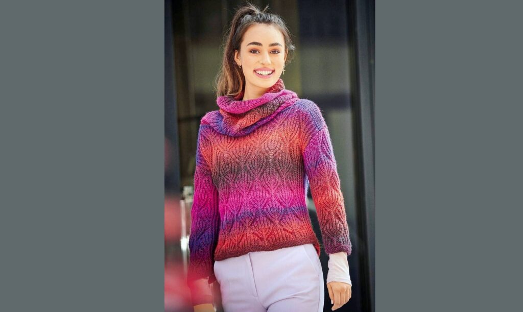  Cвитер с большим воротником-хомут и полупатентным узором